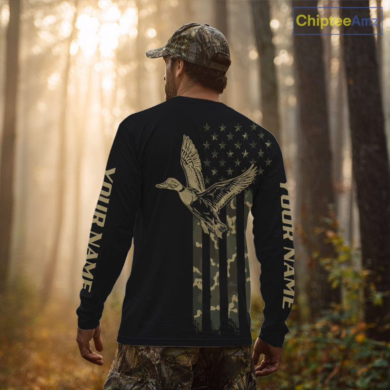 Black Duck Hunting Shirt With Design American Flag , Duck Hunter Camo Shirt For Men, Hunting Gift NHT1476