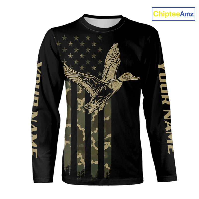 Black Duck Hunting Shirt With Design American Flag , Duck Hunter Camo Shirt For Men, Hunting Gift NHT1476