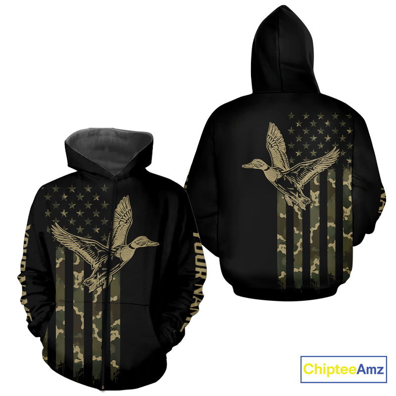 Black Duck Hunting Shirt With Design American Flag , Duck Hunter Camo Shirt For Men, Hunting Gift NHT1476