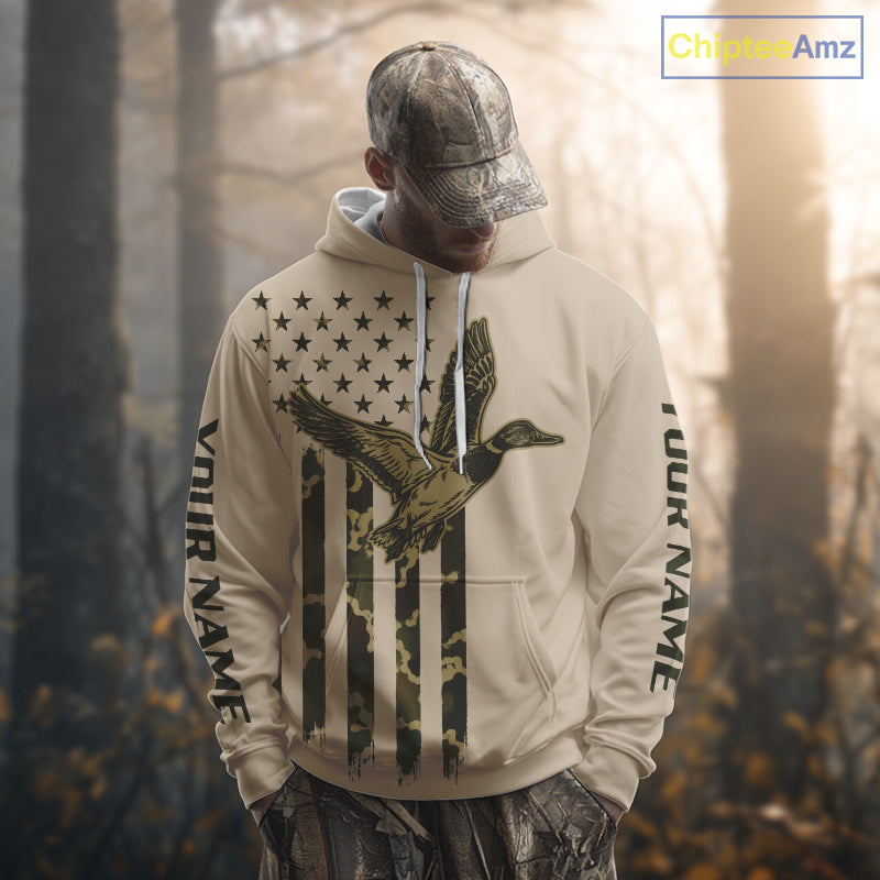 Beige Duck Hunting Shirt With Design American Flag , Duck Hunter Camo Shirt For Men, Hunting Gift NHT1477