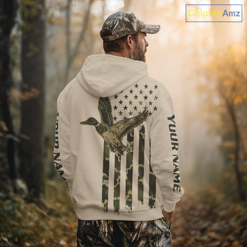 Beige Duck Hunting Shirt With Design American Flag , Duck Hunter Camo Shirt For Men, Hunting Gift NHT1477