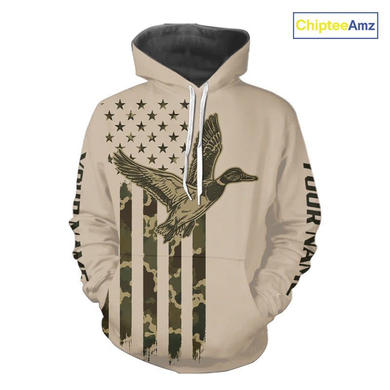 Beige Duck Hunting Shirt With Design American Flag , Duck Hunter Camo Shirt For Men, Hunting Gift NHT1477