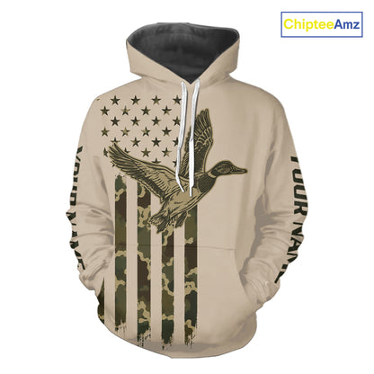 Beige Duck Hunting Shirt With Design American Flag , Duck Hunter Camo Shirt For Men, Hunting Gift NHT1477