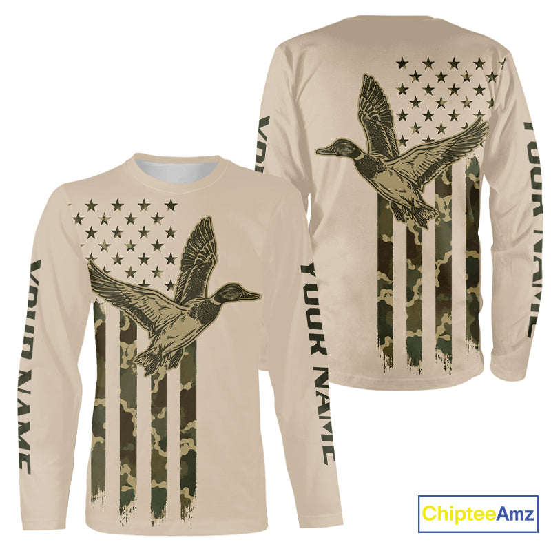 Beige Duck Hunting Shirt With Design American Flag , Duck Hunter Camo Shirt For Men, Hunting Gift NHT1477