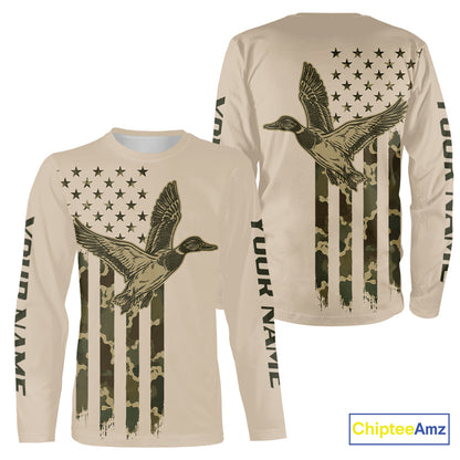 Beige Duck Hunting Shirt With Design American Flag , Duck Hunter Camo Shirt For Men, Hunting Gift NHT1477