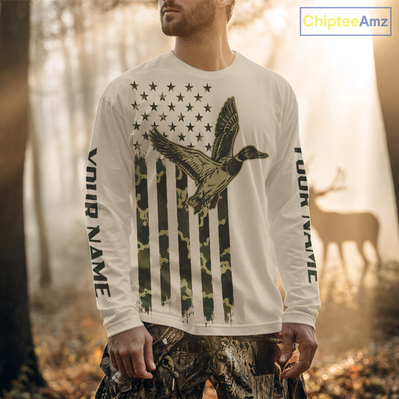 Beige Duck Hunting Shirt With Design American Flag , Duck Hunter Camo Shirt For Men, Hunting Gift NHT1477