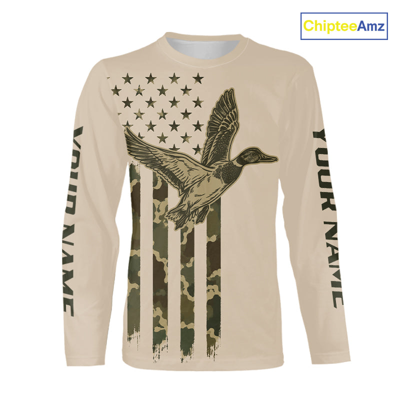 Beige Duck Hunting Shirt With Design American Flag , Duck Hunter Camo Shirt For Men, Hunting Gift NHT1477