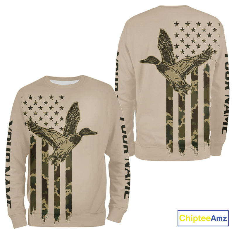 Beige Duck Hunting Shirt With Design American Flag , Duck Hunter Camo Shirt For Men, Hunting Gift NHT1477