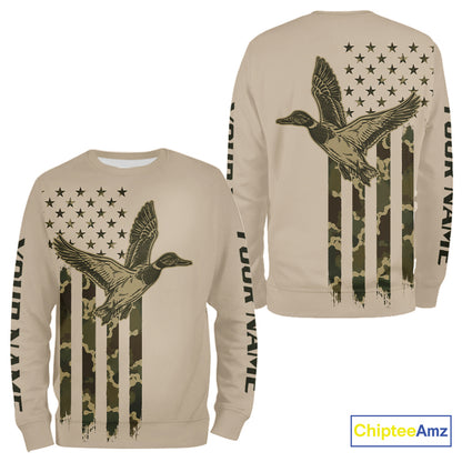 Beige Duck Hunting Shirt With Design American Flag , Duck Hunter Camo Shirt For Men, Hunting Gift NHT1477