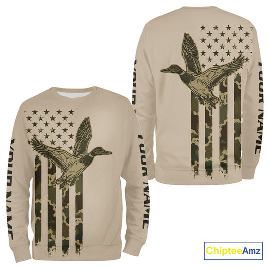 Beige Duck Hunting Shirt With Design American Flag , Duck Hunter Camo Shirt For Men, Hunting Gift NHT1477