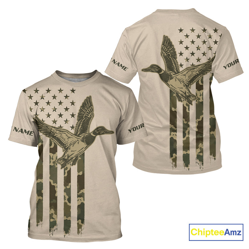 Beige Duck Hunting Shirt With Design American Flag , Duck Hunter Camo Shirt For Men, Hunting Gift NHT1477