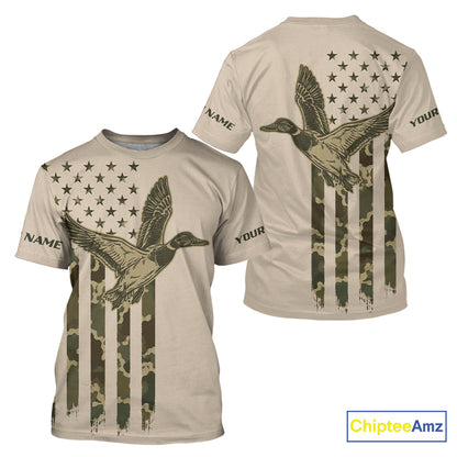 Beige Duck Hunting Shirt With Design American Flag , Duck Hunter Camo Shirt For Men, Hunting Gift NHT1477
