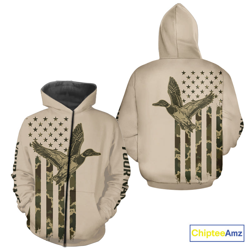 Beige Duck Hunting Shirt With Design American Flag , Duck Hunter Camo Shirt For Men, Hunting Gift NHT1477