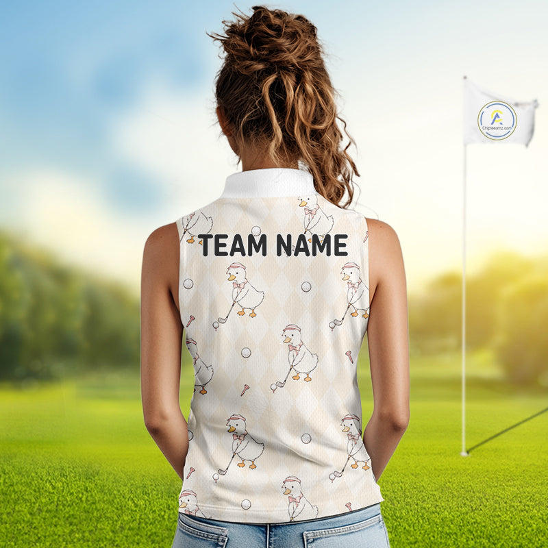 Woman wearing a sleeveless golf shirt with 'TEAM NAME' text on a golf course.