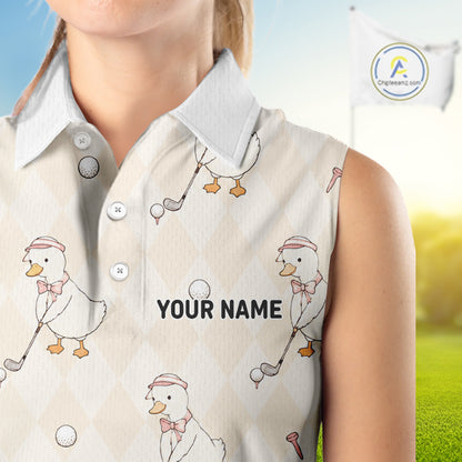 Personalized Argyle Funny Duck Pattern Womens Sleeveless Golf Polo Shirt - Custom Golf Team Gift