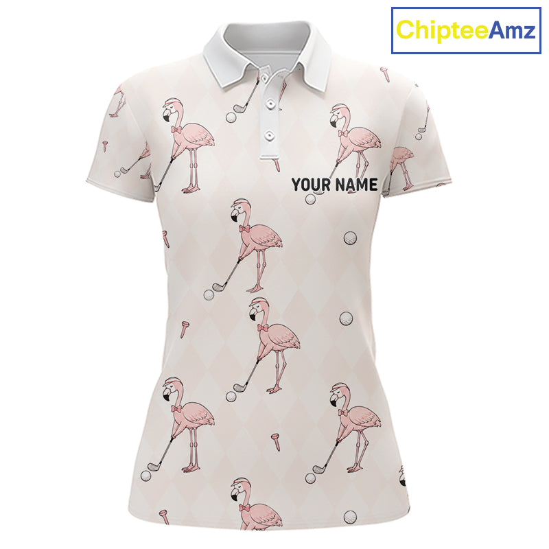 Personalized Argyle Funny Flamingo Pattern Womens Golf Polo Shirt - Custom Golf Team Gift