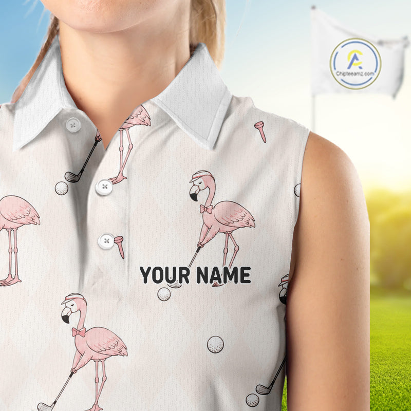 Personalized Argyle Funny Flamingo Pattern Womens Sleeveless Golf Polo Shirt - Custom Golf Team Gift