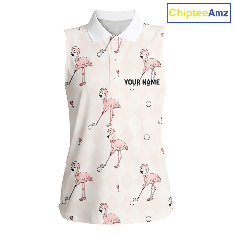 Personalized Argyle Funny Flamingo Pattern Womens Sleeveless Golf Polo Shirt - Custom Golf Team Gift