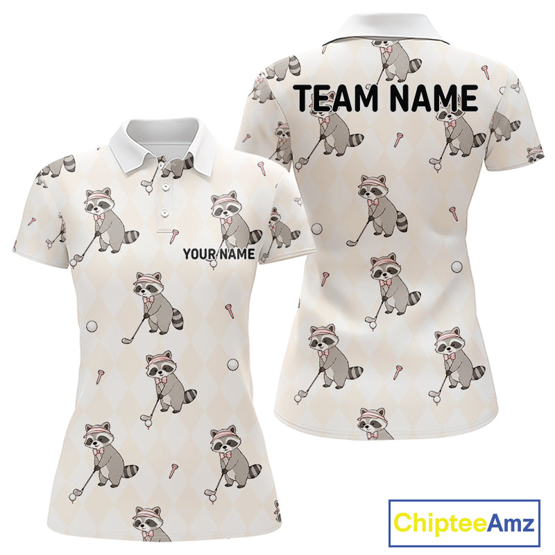 Personalized Funny Argyle Raccoon Pattern Womens Golf Polo Shirt - Custom Golf Team Gift