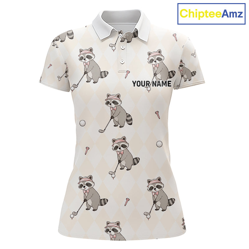 Personalized Funny Argyle Raccoon Pattern Womens Golf Polo Shirt - Custom Golf Team Gift