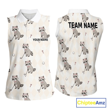 Personalized Funny Argyle Raccoon Pattern Womens Sleeveless Golf Polo Shirt - Custom Golf Team Gift