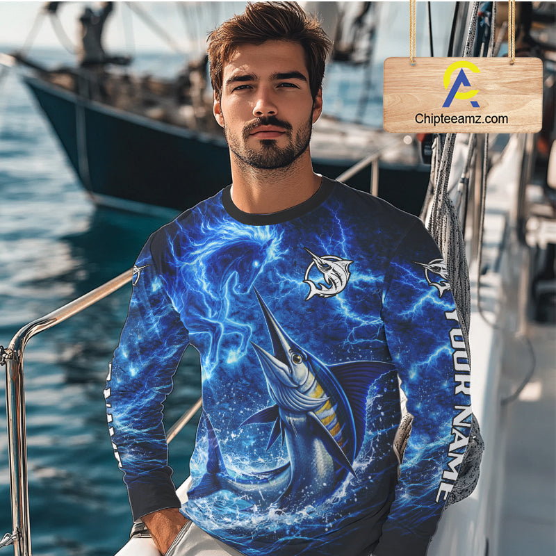 Marlin & Blue Thunder Horse Fishing Shirt Long Sleeve, Marlin Fishing Shirt For Men NHT450