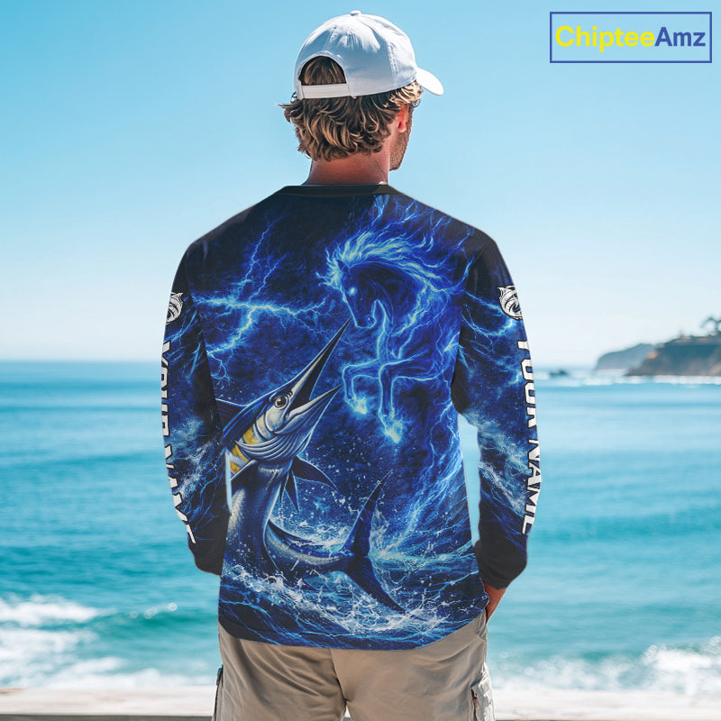 Marlin & Blue Thunder Horse Fishing Shirt Long Sleeve, Marlin Fishing Shirt For Men NHT450