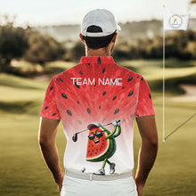 Load image into Gallery viewer, Person wearing a novelty golf shirt with a watermelon design on a golf course