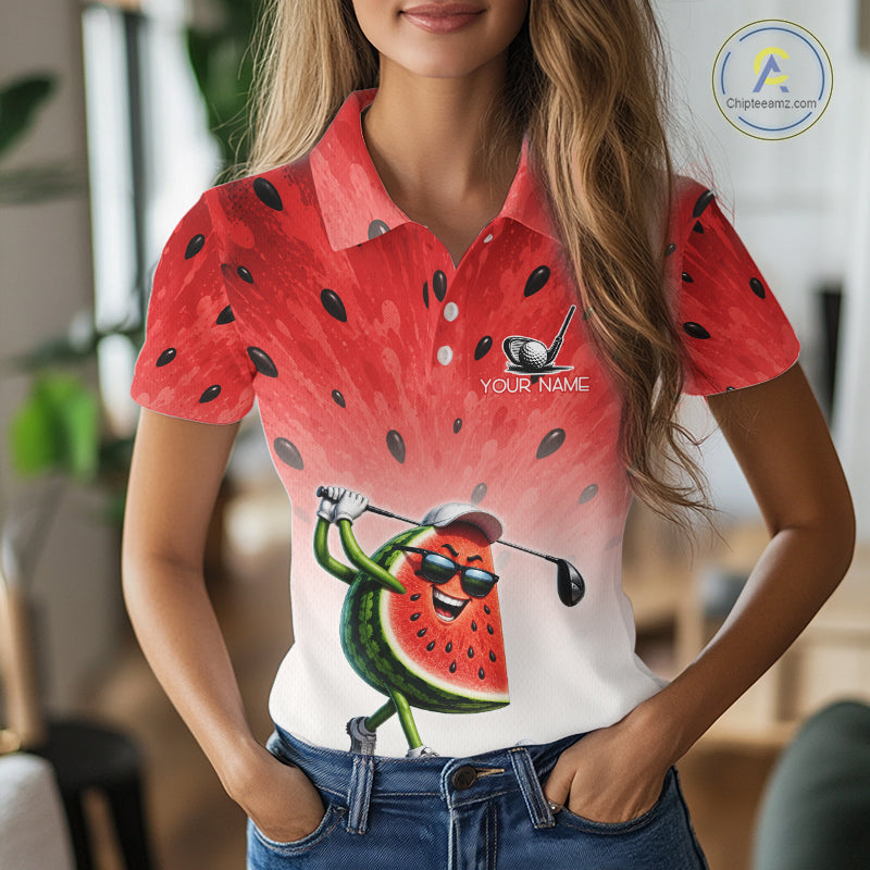 Person wearing a red watermelon-themed polo shirt with a golf club graphic.