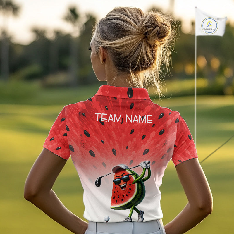 Person wearing a watermelon-themed golf shirt on a golf course