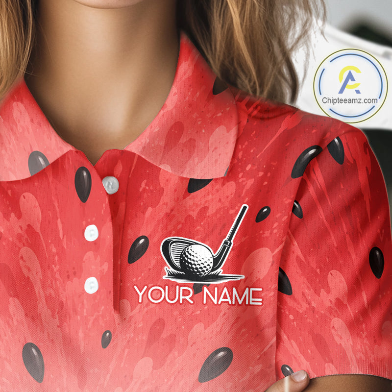 Red watermelon patterned shirt with golf ball and club design and 'Your Name' text on a mannequin.