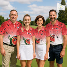Load image into Gallery viewer, Four people wearing matching red and white polo shirts with watermelon design on a golf course.