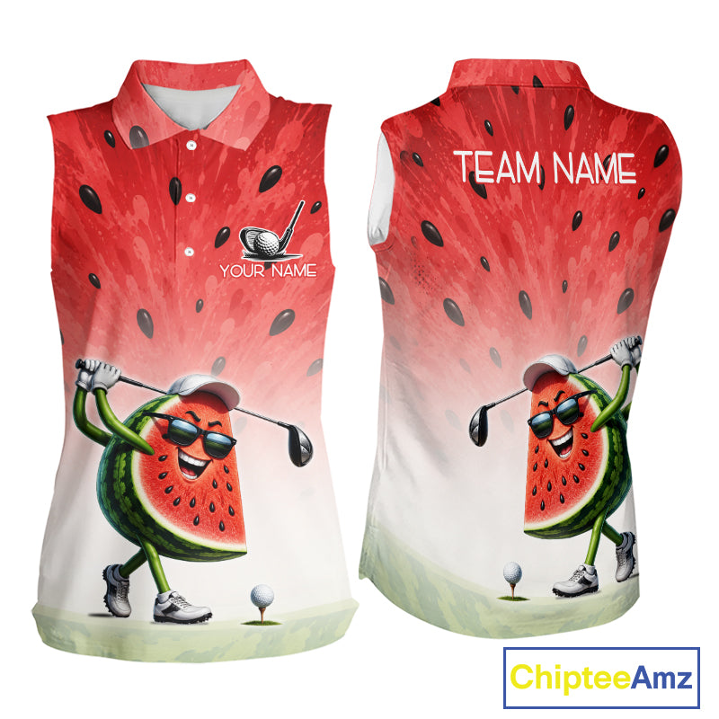 Sleeveless shirt with watermelon character holding a golf club, designed for a team with customizable text, featuring Chiptee Amz branding.