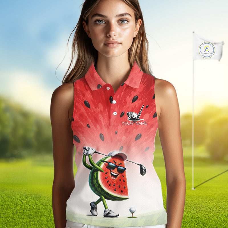 Person wearing a red sleeveless shirt with a watermelon design on a golf course