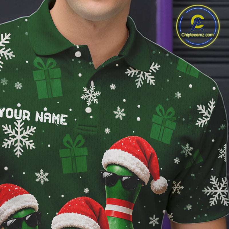 Personalized Christmas Bowling Polo Shirt Quarter Zip Green Cool Pins, Golf Gift For Men NHT1834