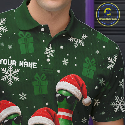 Personalized Christmas Bowling Polo Shirt Quarter Zip Green Cool Pins, Golf Gift For Men NHT1834