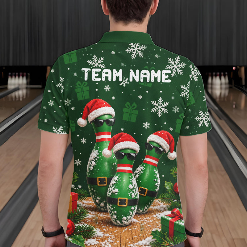 Personalized Christmas Bowling Polo Shirt Quarter Zip Green Cool Pins, Golf Gift For Men NHT1834