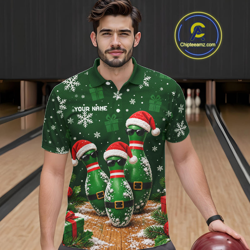 Personalized Christmas Bowling Polo Shirt Quarter Zip Green Cool Pins, Golf Gift For Men NHT1834