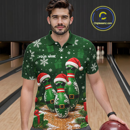 Personalized Christmas Bowling Polo Shirt Quarter Zip Green Cool Pins, Golf Gift For Men NHT1834