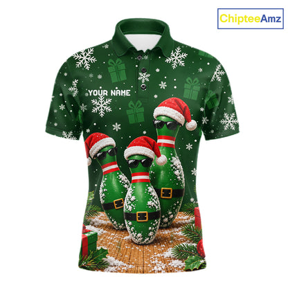 Personalized Christmas Bowling Polo Shirt Quarter Zip Green Cool Pins, Golf Gift For Men NHT1834