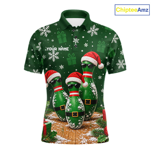 Personalized Christmas Bowling Polo Shirt Quarter Zip Green Cool Pins, Golf Gift For Men NHT1834