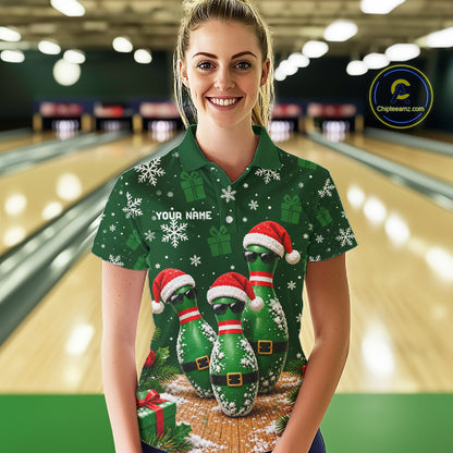 Personalized Christmas Bowling Polo Shirt Quarter Zip Green Cool Pins, Golf Gift For Women NHT1834
