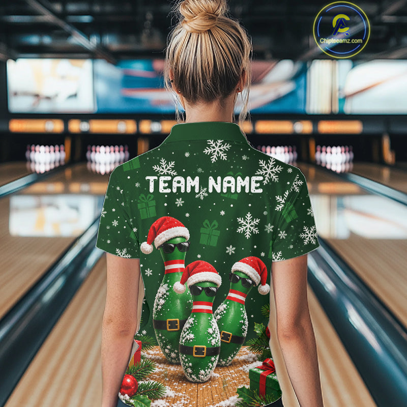 Personalized Christmas Bowling Polo Shirt Quarter Zip Green Cool Pins, Golf Gift For Women NHT1834