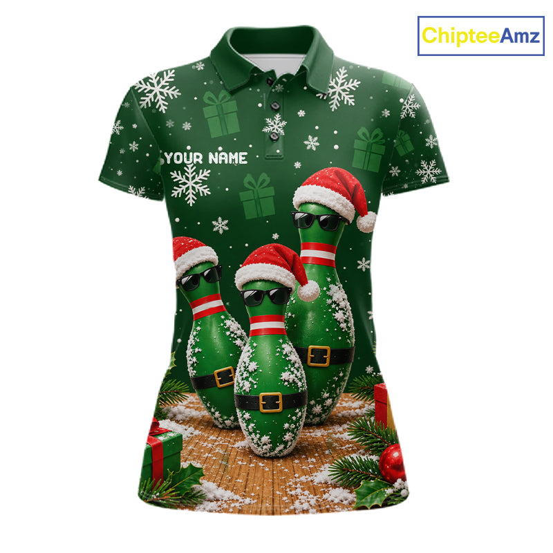 Personalized Christmas Bowling Polo Shirt Quarter Zip Green Cool Pins, Golf Gift For Women NHT1834