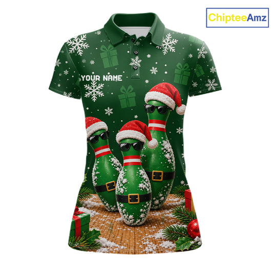 Personalized Christmas Bowling Polo Shirt Quarter Zip Green Cool Pins, Golf Gift For Women NHT1834