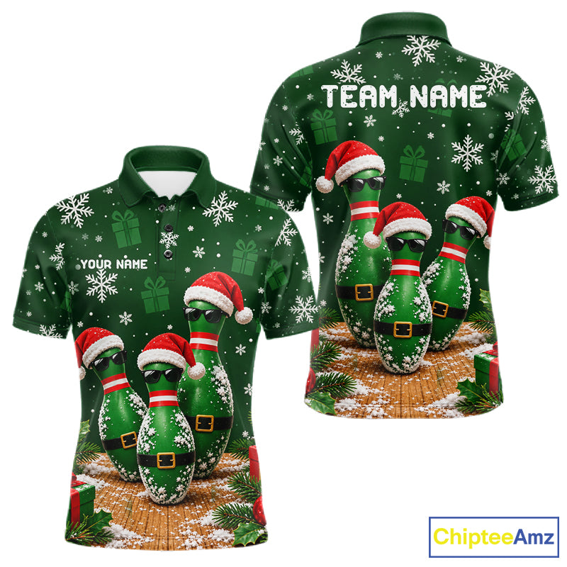 Personalized Christmas Bowling Polo Shirt Quarter Zip Green Cool Pins, Golf Gift For Men NHT1834