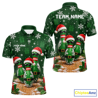Personalized Christmas Bowling Polo Shirt Quarter Zip Green Cool Pins, Golf Gift For Men NHT1834