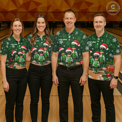 Personalized Christmas Bowling Polo Shirt Quarter Zip Green Cool Pins, Golf Gift For Men NHT1834