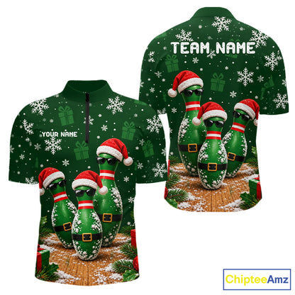 Personalized Christmas Bowling Polo Shirt Quarter Zip Green Cool Pins, Golf Gift For Men NHT1834