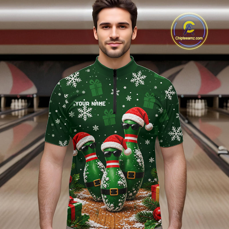 Personalized Christmas Bowling Polo Shirt Quarter Zip Green Cool Pins, Golf Gift For Men NHT1834